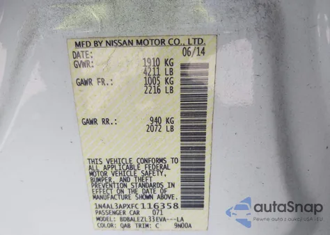 2015 Nissan Altima 2.5 S from USA, damaged, VIN 1N4AL3APXFC116358